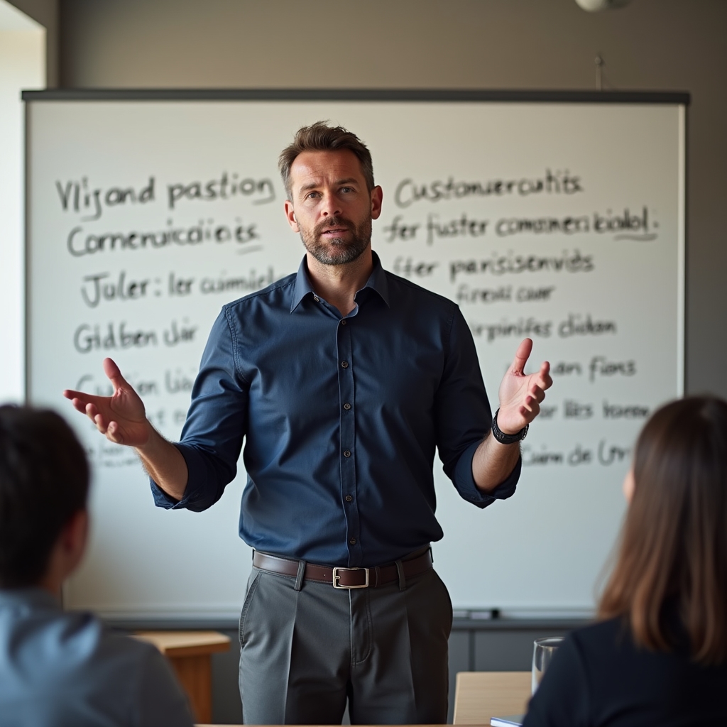 Trainer erklärt Gesprächstechnik vor Gruppe